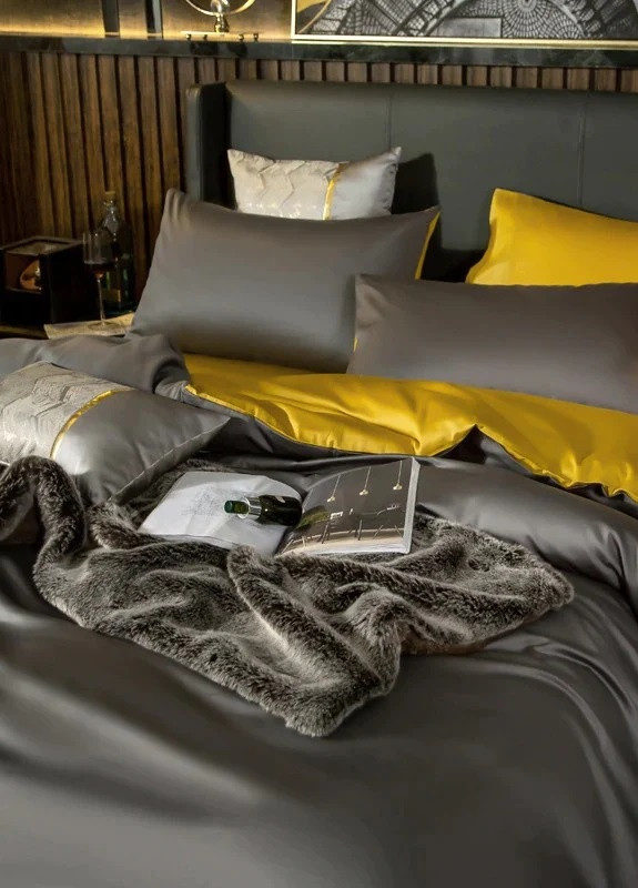 Постельное белье ДУЭТ ANTHRACITE/GOLDEN Сатин однотон Евро на резинке 550562-7 MERISET (259501947)