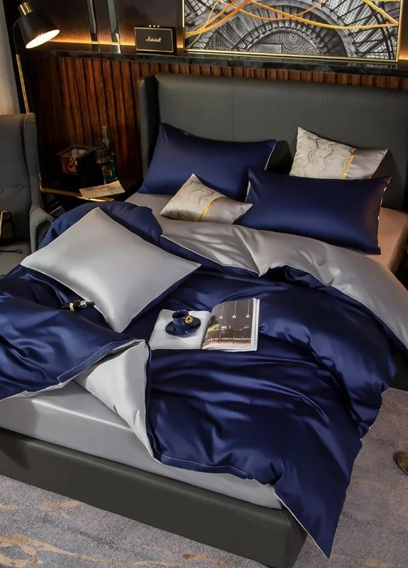 Постільна білизна ДУЕТ ROYAL NAVY/PLATINUM Сатин однотон Сімейний 550567-4 MERISET (259501852)
