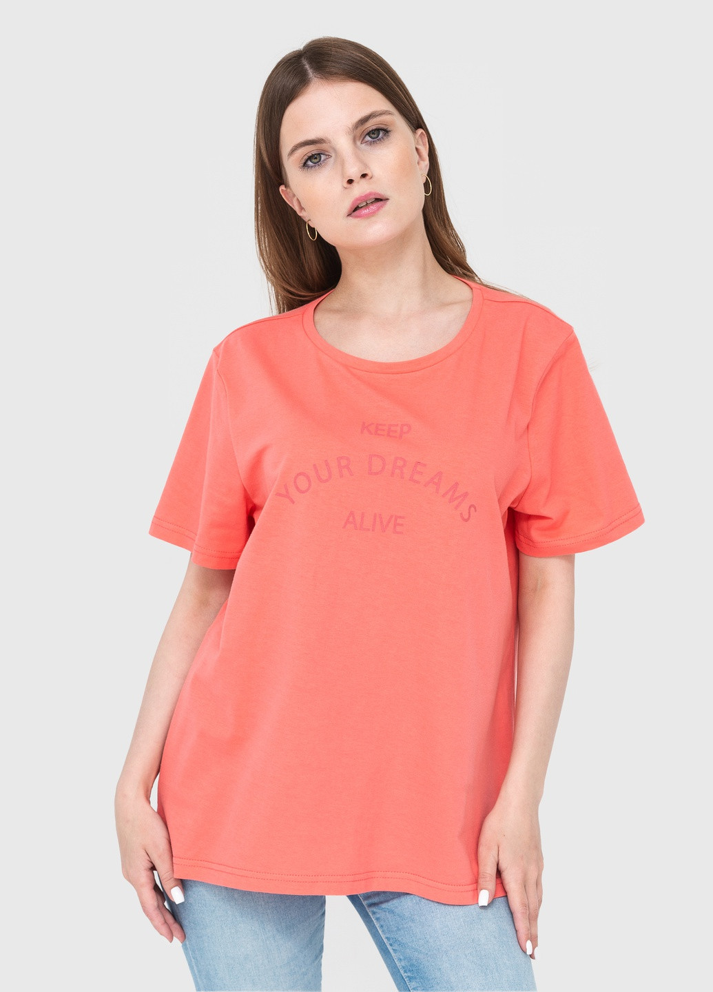 Коралловая летняя футболка женская с коротким рукавом Роза