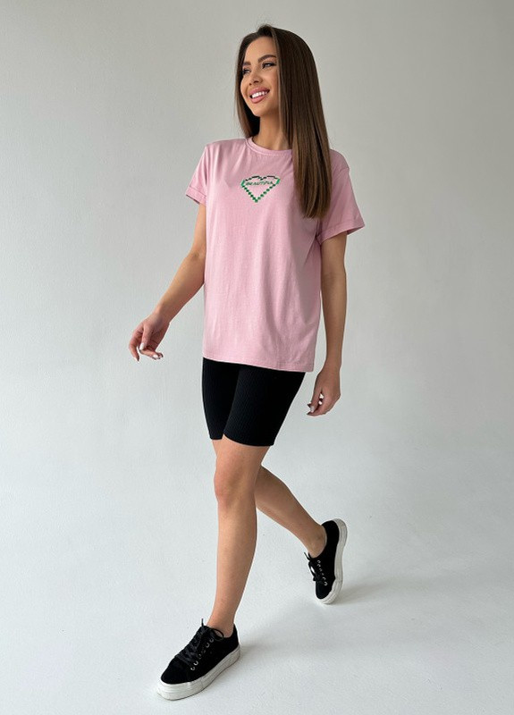 Розовая летняя розовая оверсайз футболка с вышитым сердцем Magnet
