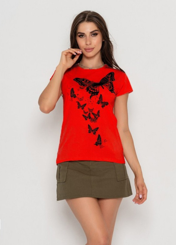Красная летняя красная футболка с принтом и кружевной бабочкой Magnet