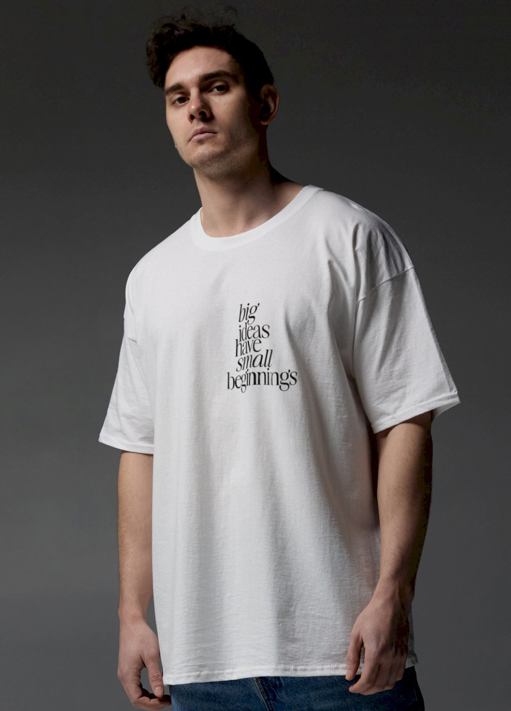 Белая футболка oversize мужская белая "великі ідеї починаються з малого" Aspirine