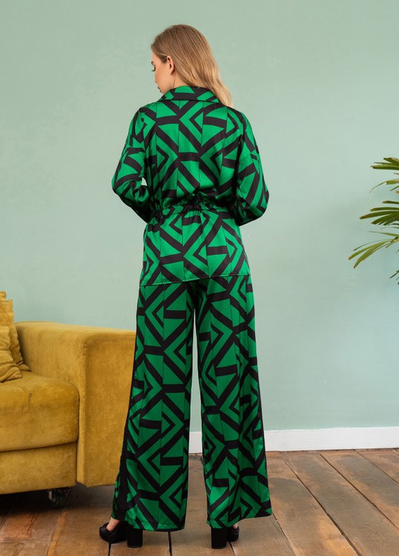 Принтований зелений костюм з широкими брюками та лампасами. ISSA PLUS (259568760)
