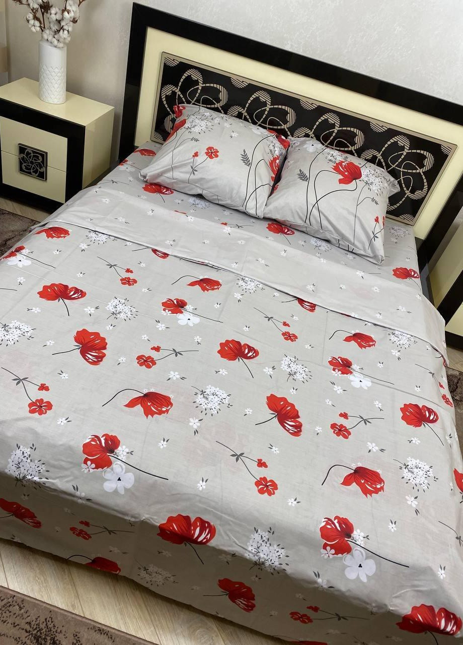 Комплект постельного белья семейный 215х150 см наволочки 2 шт. 70х70 см Красный мак No Brand (259576322)