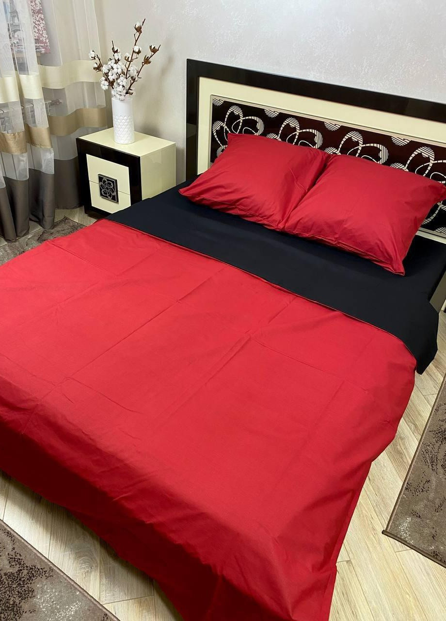 Комплект постельного белья однотонный семейный 215х150 см наволочки 2 шт. 70х70 см Черный/Красный No Brand (259576231)