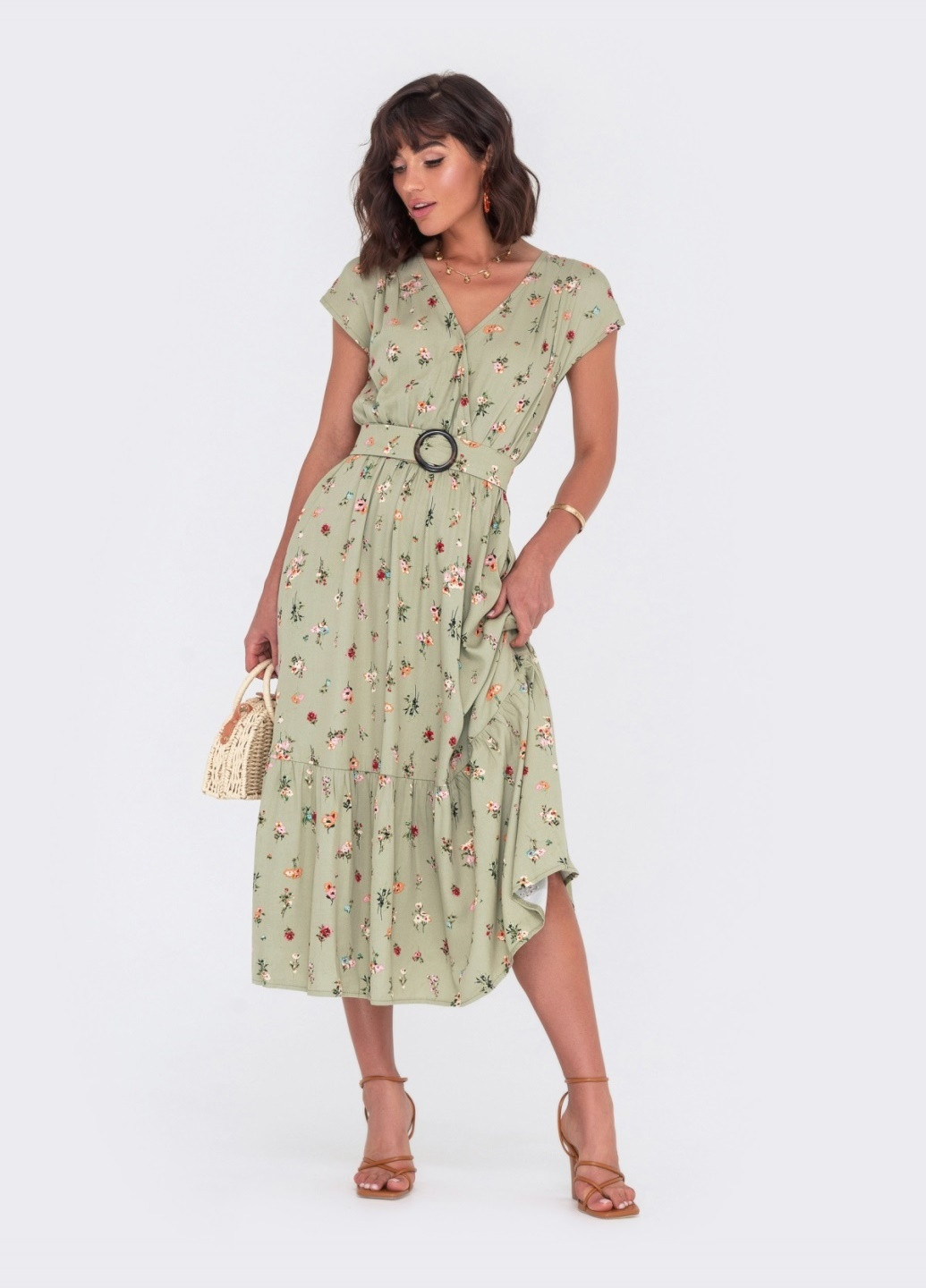 Оливковое (хаки) расклешенное платье цвета хаки с воланом по низу Dressa