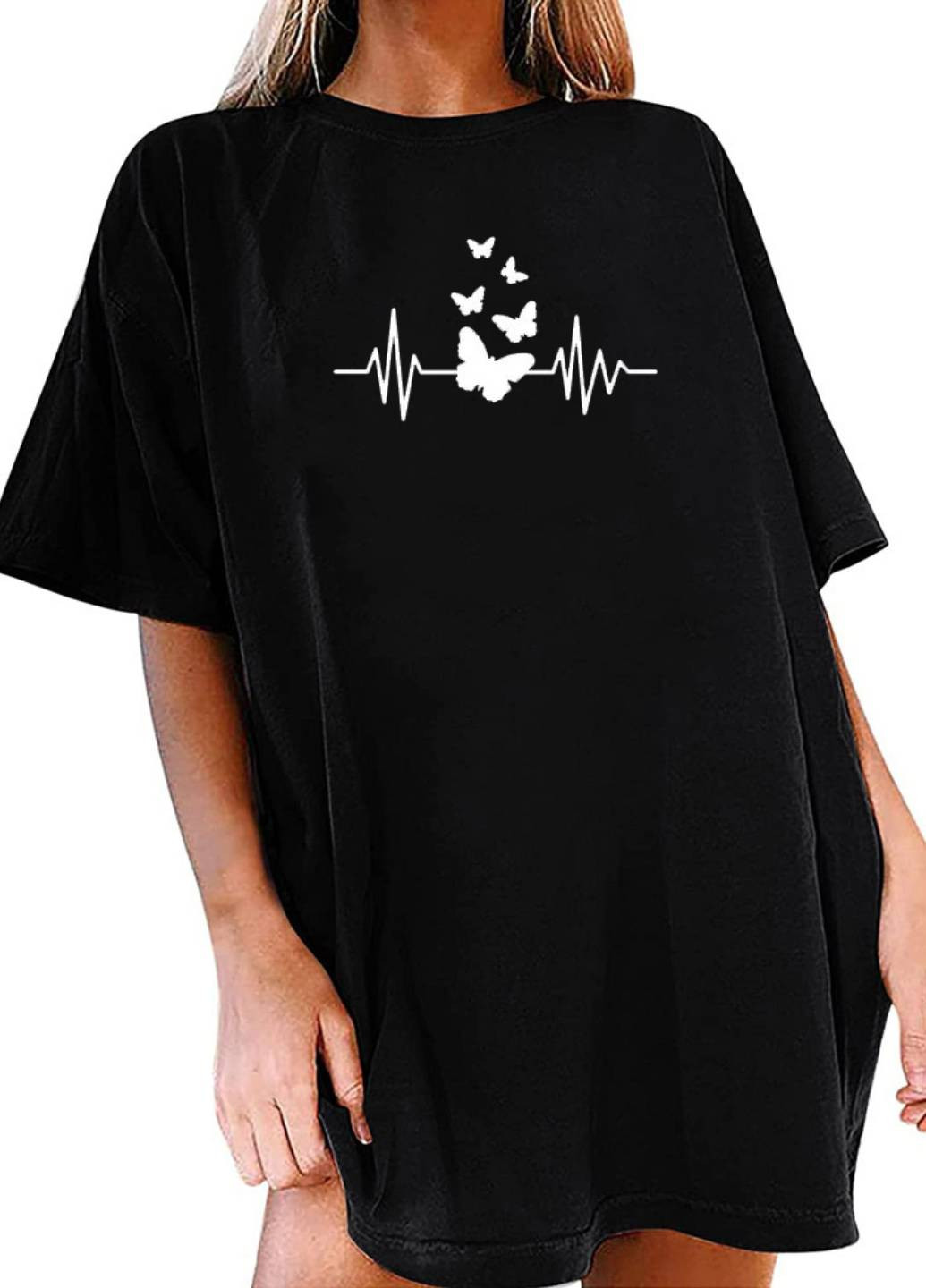 Черное кэжуал платье-футболка черное с удлиненным рукавом butterfly cardiogram Love&Live с рисунком