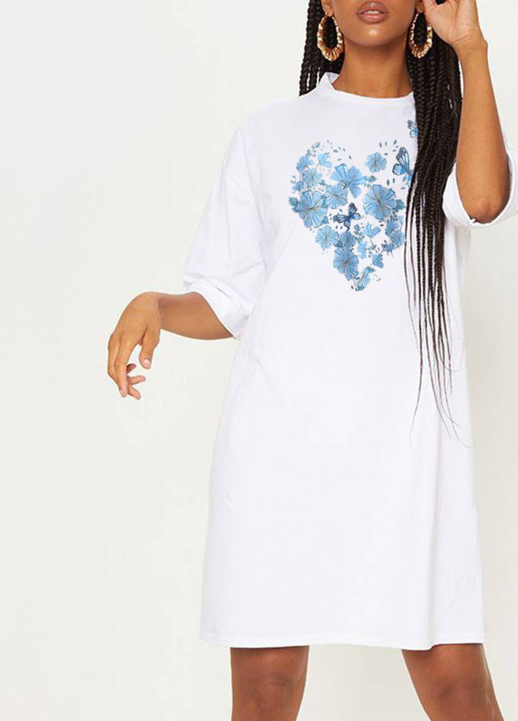 Белое кэжуал платье-футболка белое с удлиненным рукавом love butterflies Love&Live с рисунком
