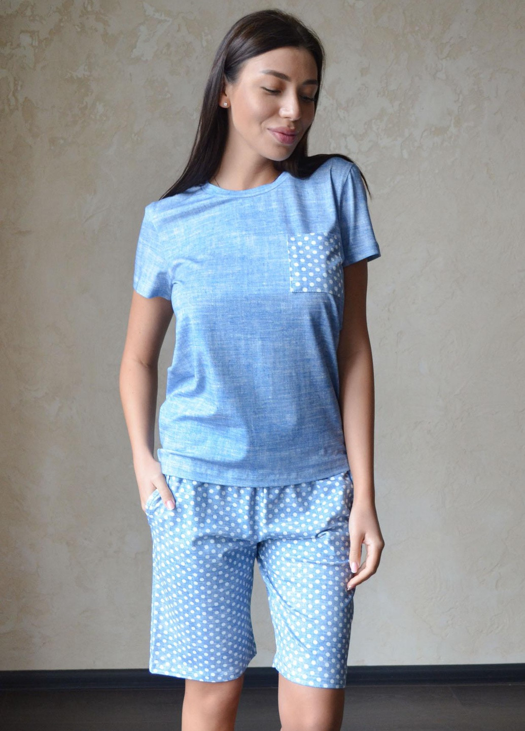 Світло-блакитна всесезон піжама жіноча dominica футболка + шорти Roksana