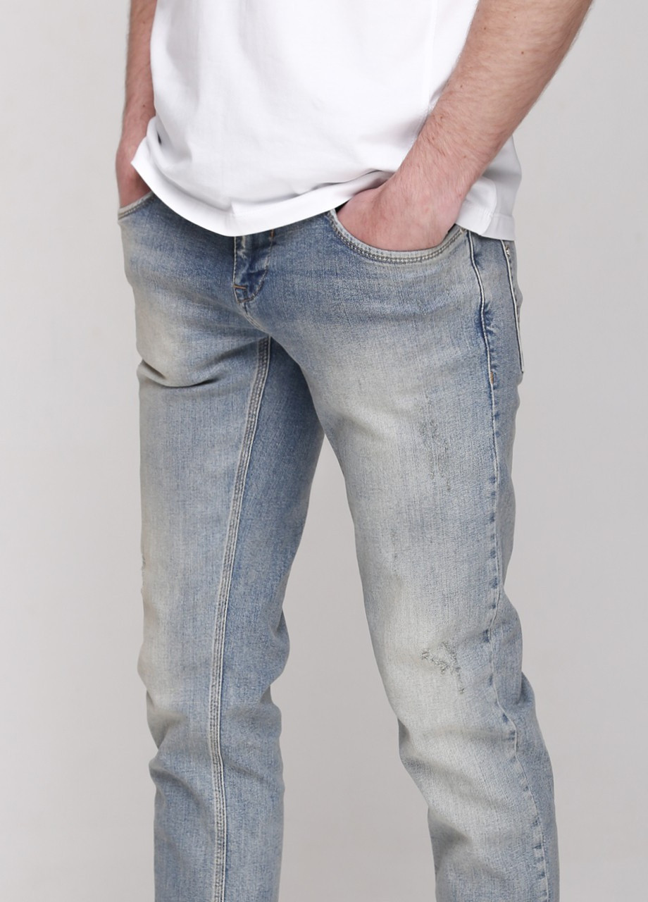 Синие демисезонные слим джинсы мужские синие с яркой варкой узкие со стрейчем Slim Davito