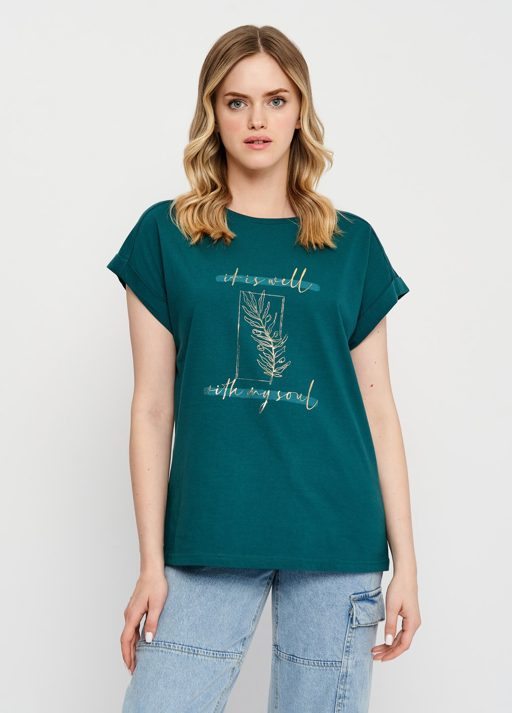 Зелена літня футболка для жінок з принтом з коротким рукавом Роза