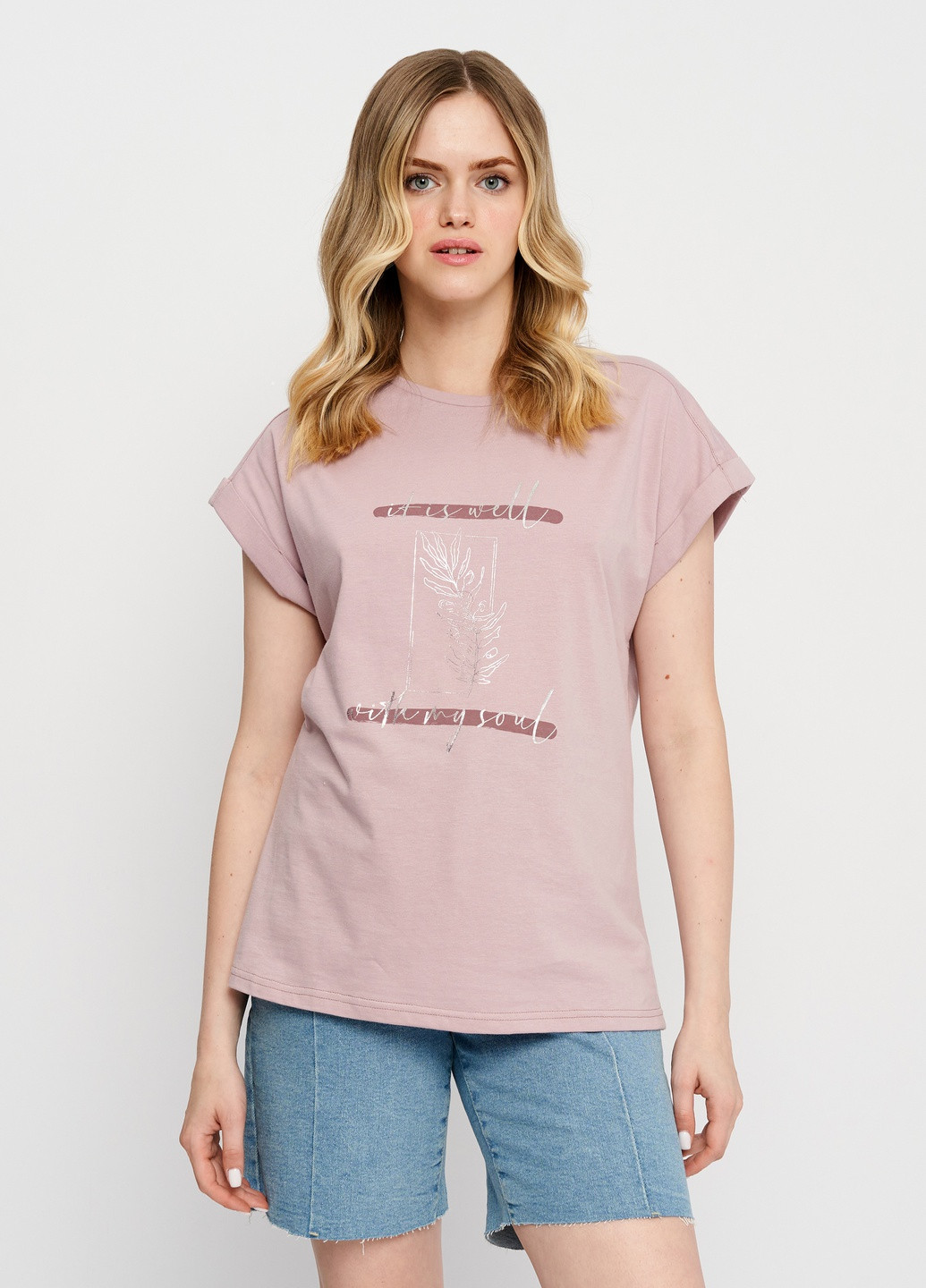 Пудровая летняя женская футболка с принтом с коротким рукавом Роза