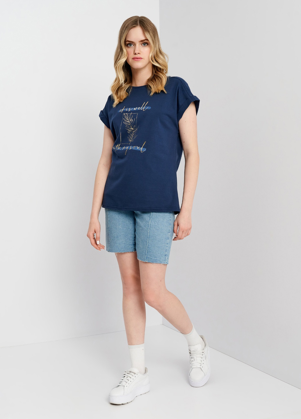 Синя літня футболка для жінок з принтом з коротким рукавом Роза