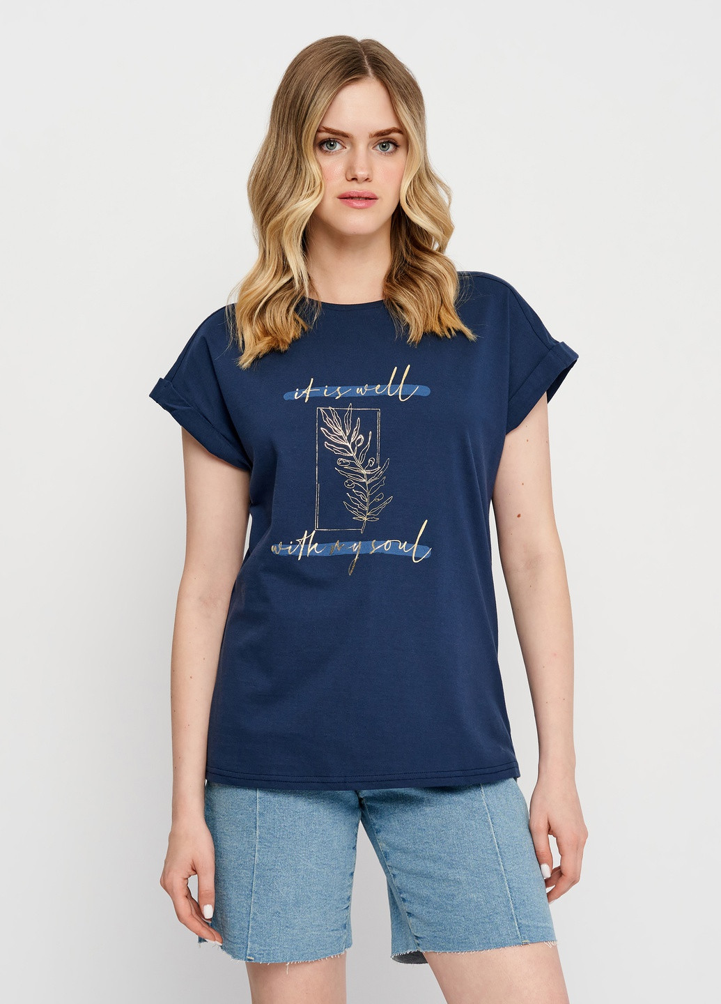 Синяя летняя женская футболка с принтом с коротким рукавом Роза