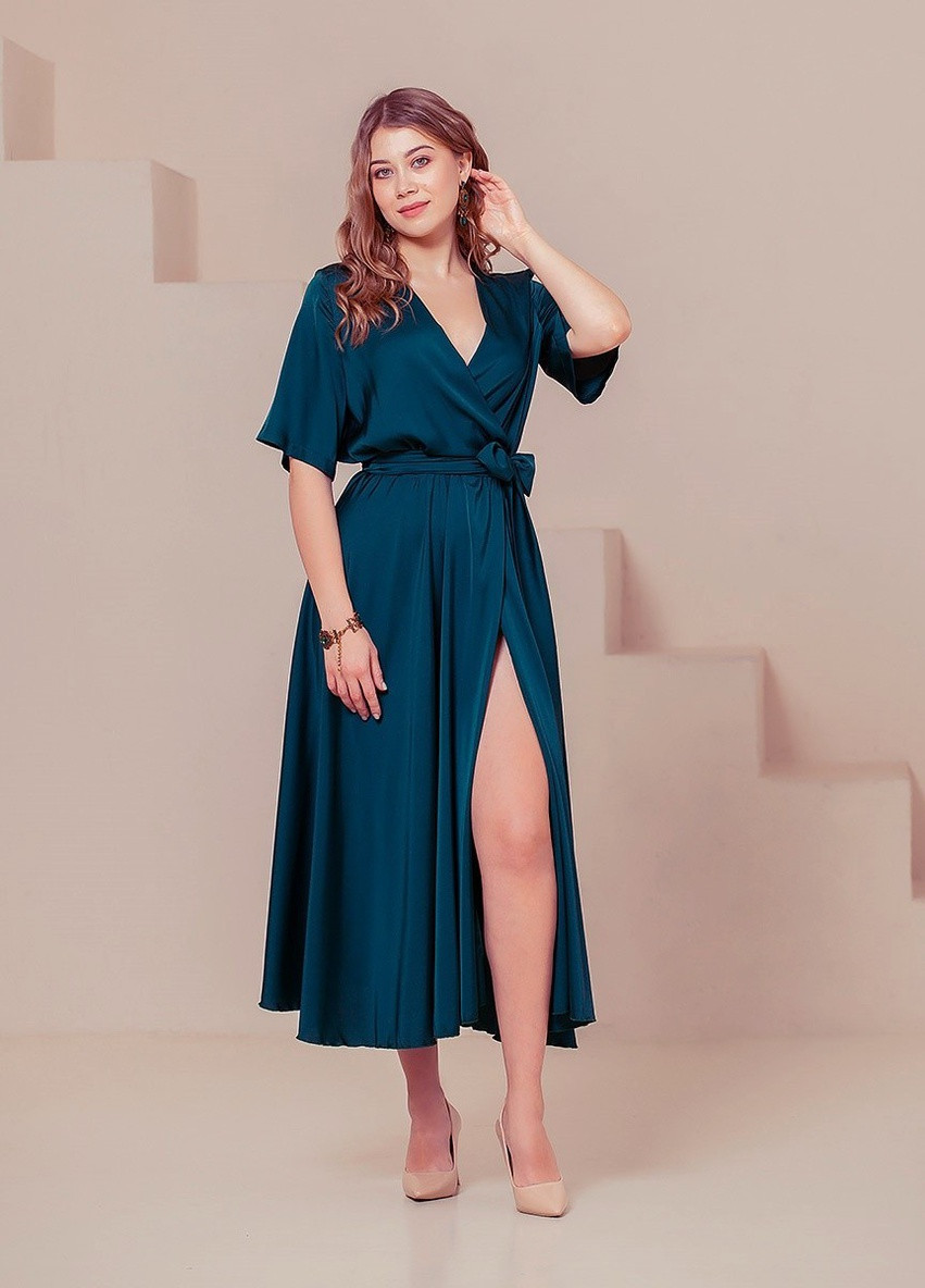 Смарагдова вечірня плаття а-силует, на запах JadFashion однотонна