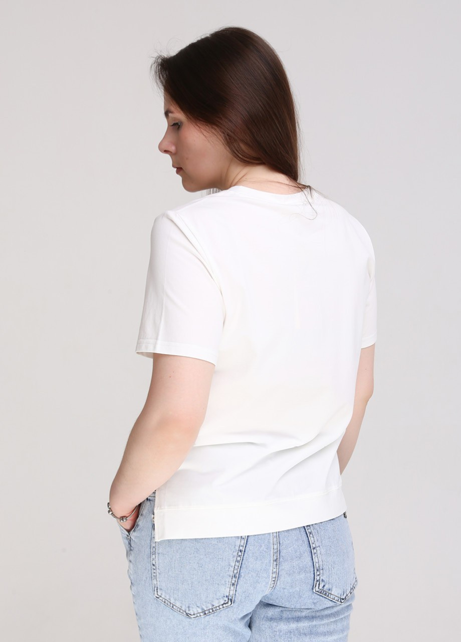 Молочна всесезон футболка жіноча молочна пряма з квітами з коротким рукавом JEANSclub Прямая