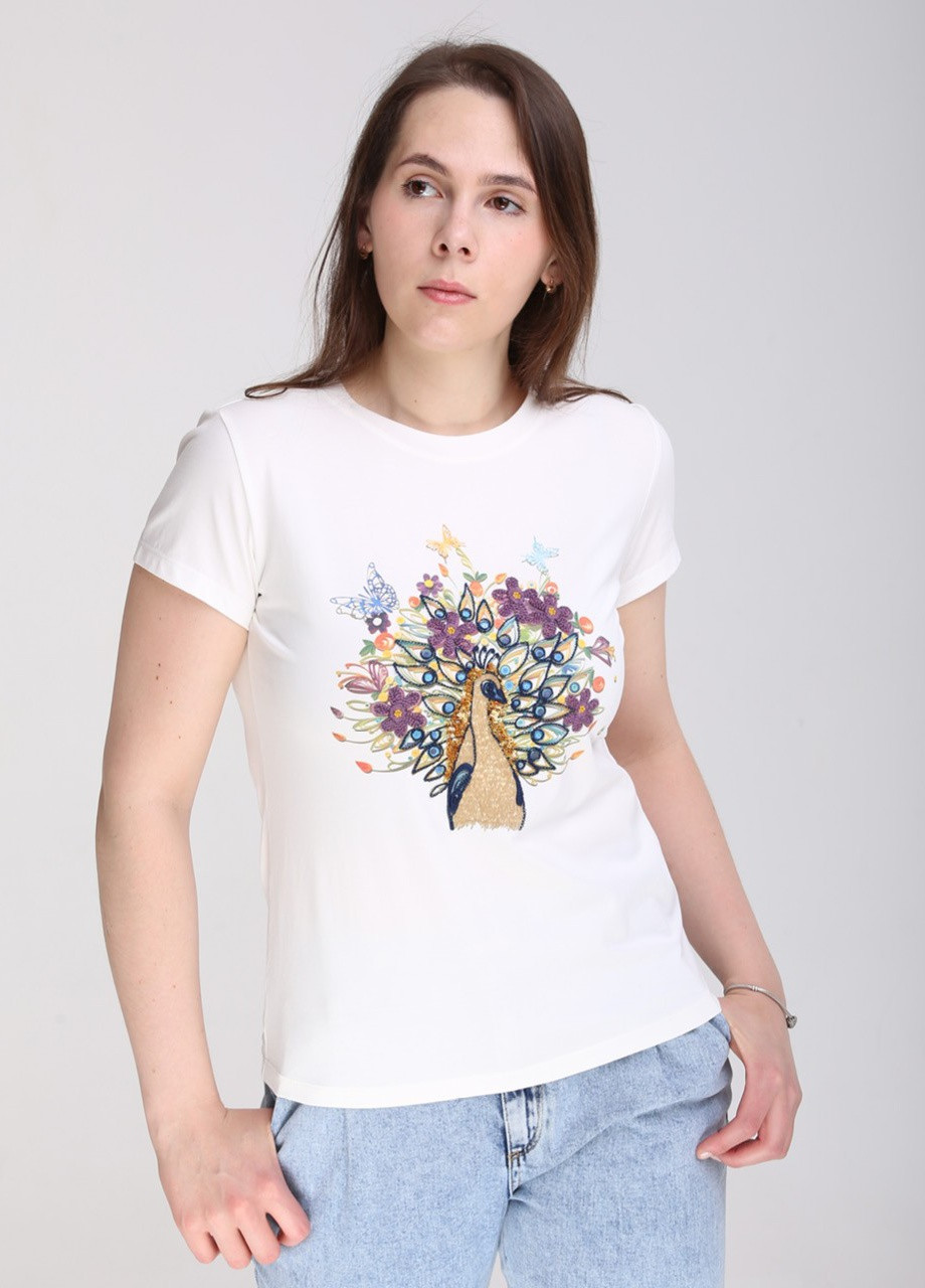 Молочна всесезон футболка жіноча молочна приталена з птахом з коротким рукавом JEANSclub Приталенная