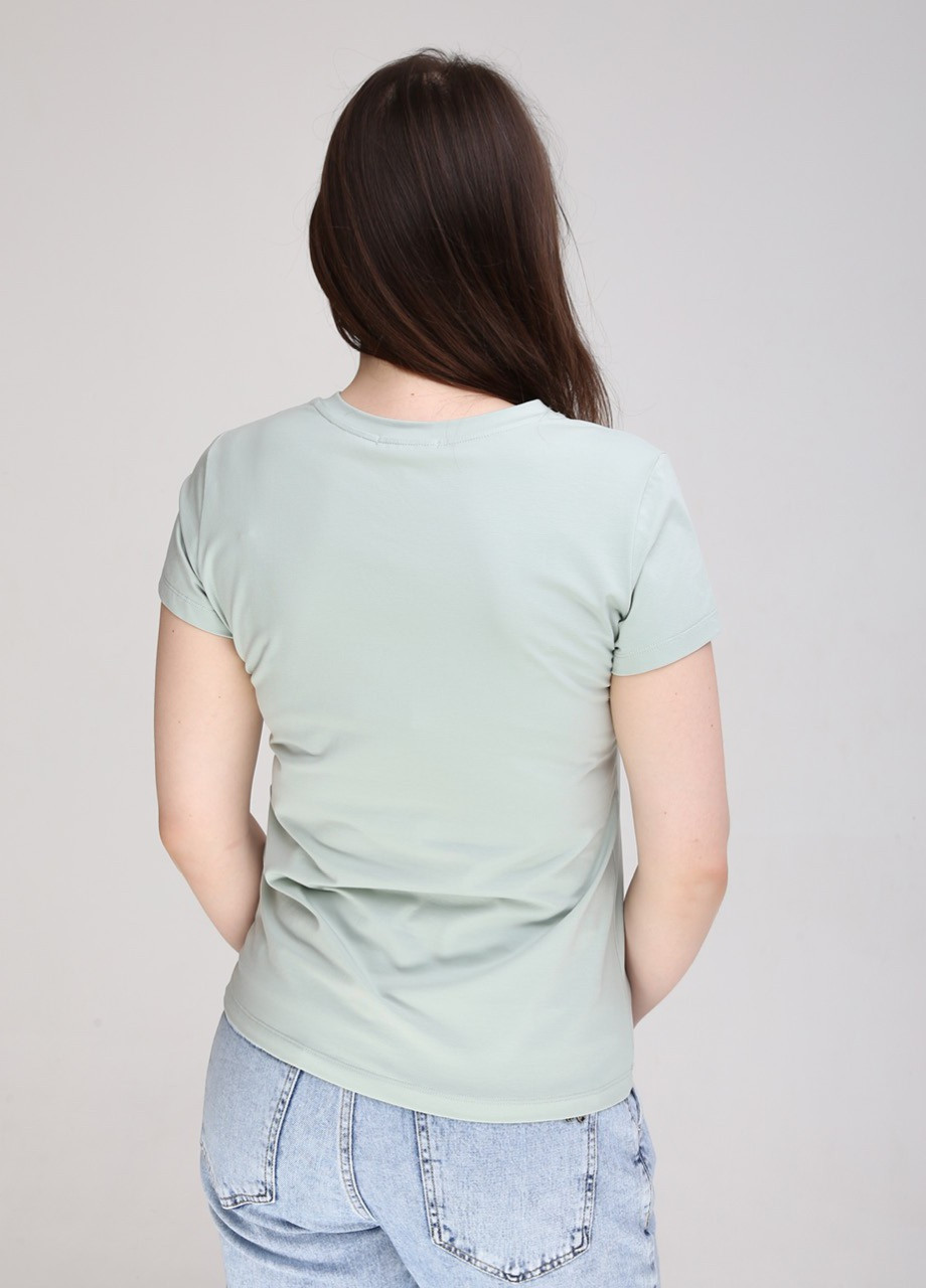 Зелена всесезон футболка жіноча зелена приталена з квітами з коротким рукавом JEANSclub Приталенная