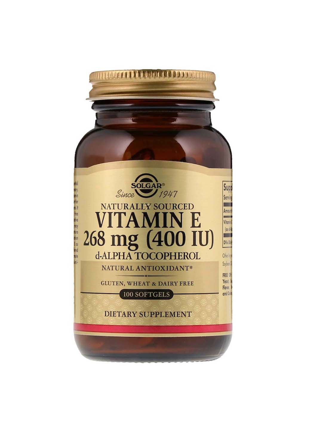 Вітамін Е d-альфа-токоферо Vitamin E натуральний 268 мг 400 МО 100 гелевих капсул Solgar (259813322)