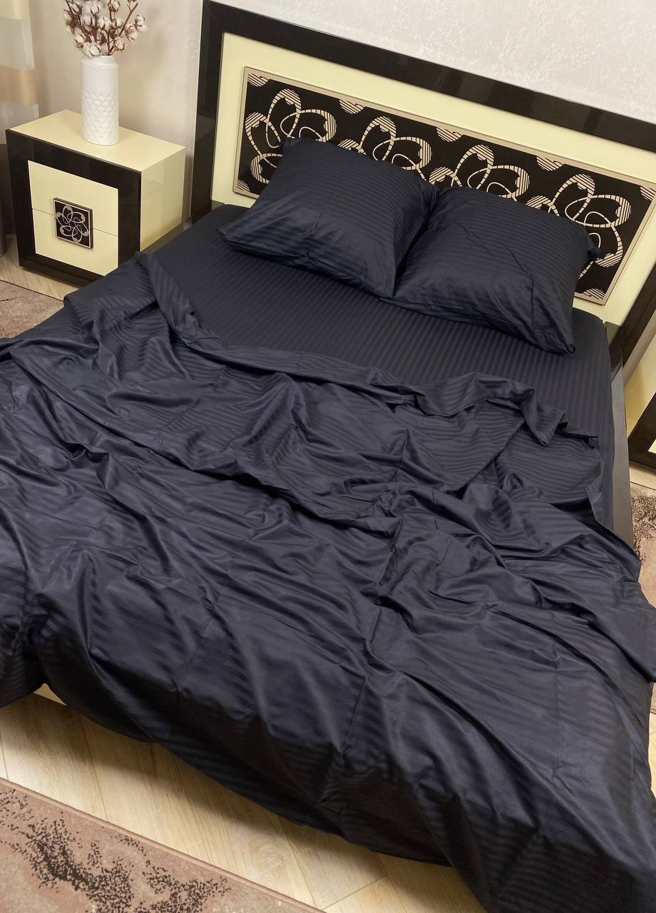 Комплект постельного белья Satin Stripe Black черный 100% хлопок 215х150 см 2 шт, семейный No Brand (259942526)