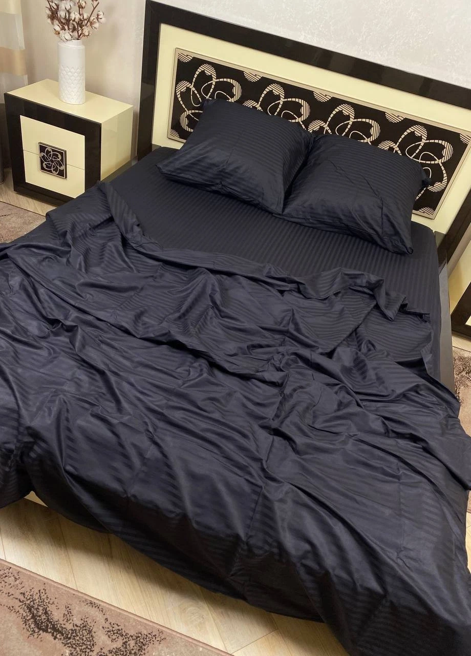 Комплект постільної білизни Satin Stripe Black чорний 100% бавовна 215х150 см полуторний No Brand (259942507)