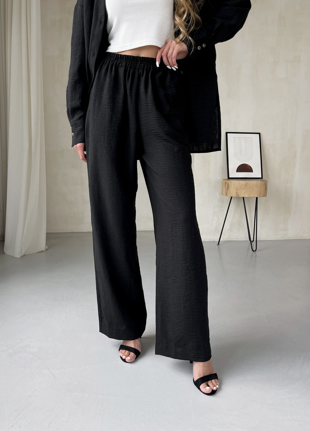 Женский костюм с широкими штанами и рубашкой из льна черный 100000541 Merlini лечче (259901078)
