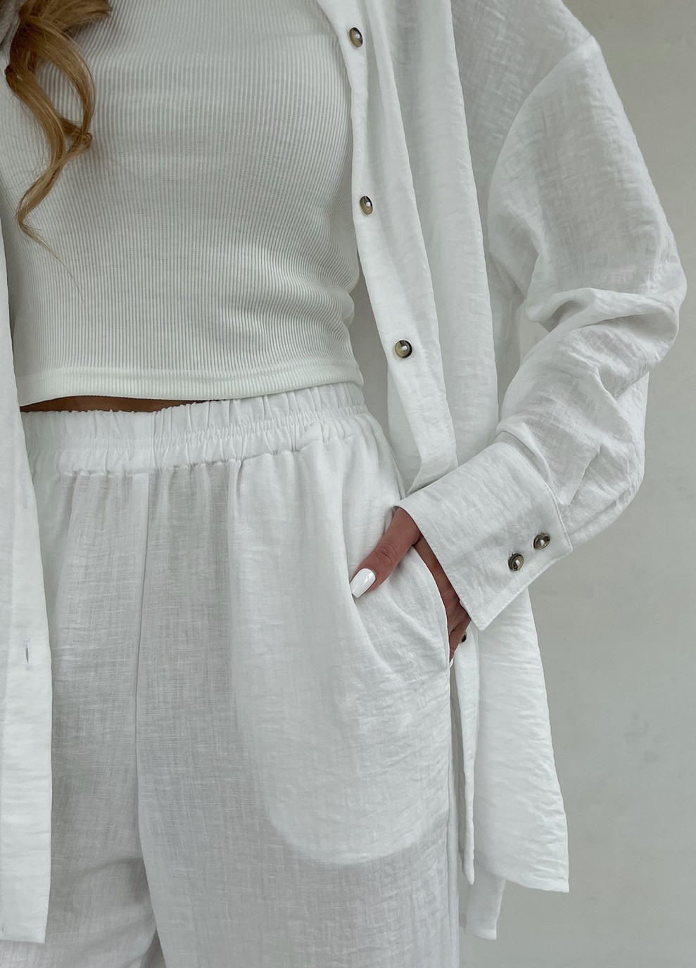Женский костюм с широкими штанами и рубашкой из льна белый 100000542 Merlini лечче (259901077)