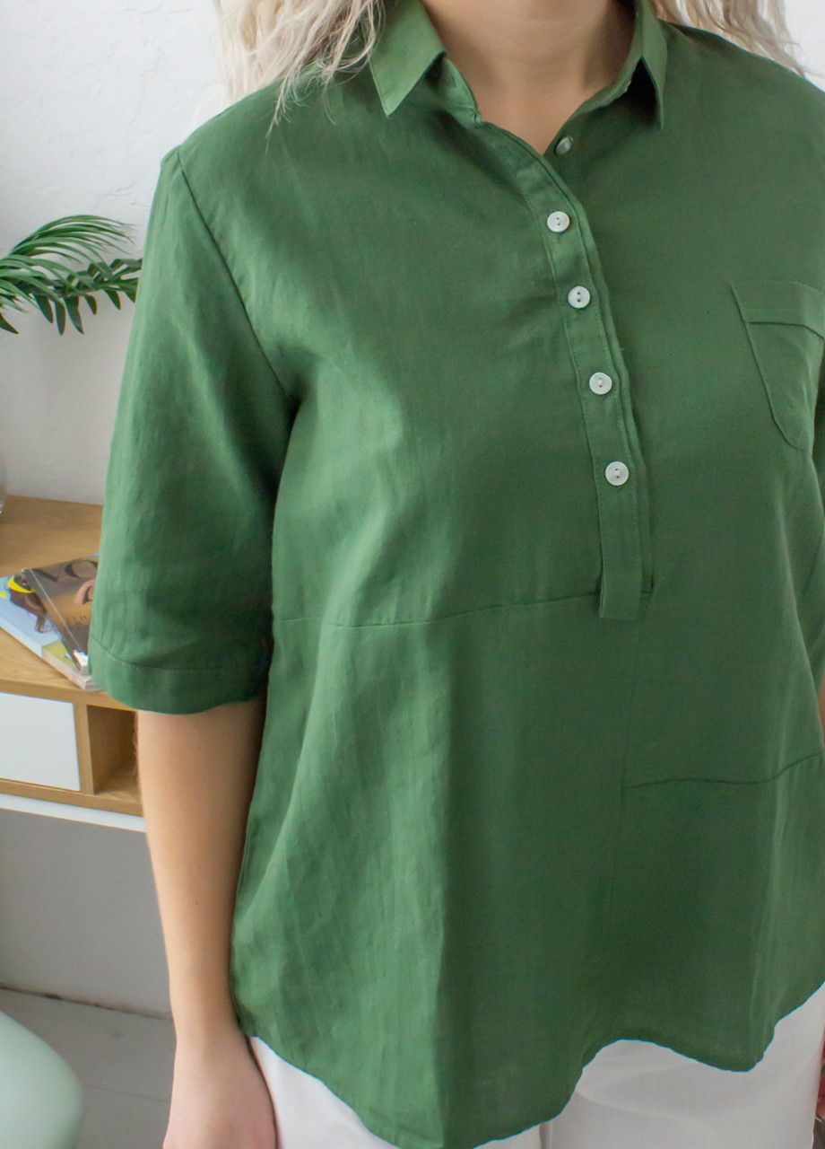 Зеленая летняя блуза женская зеленая льняная на пуговицах тонкая JEANSclub Прямая