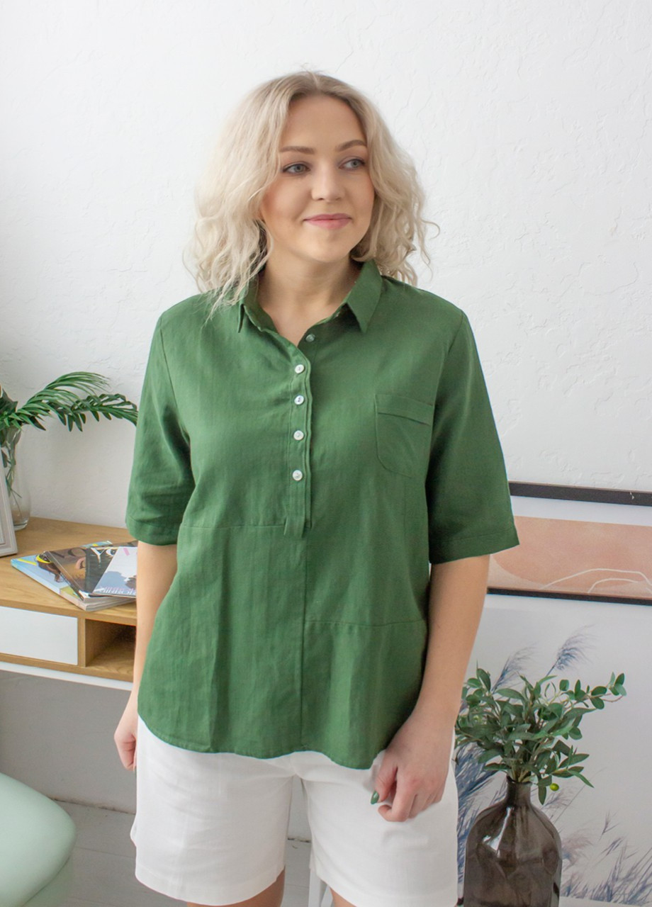 Зелена літня блуза жіноча зелена лляна на гудзиках тонка JEANSclub Прямая