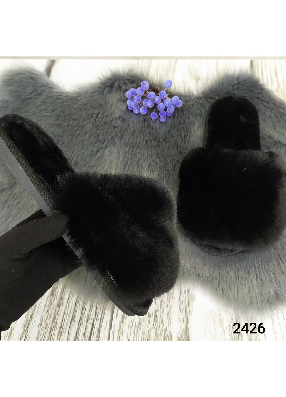 Черные тапочки женские меховые искусственный песец Lion