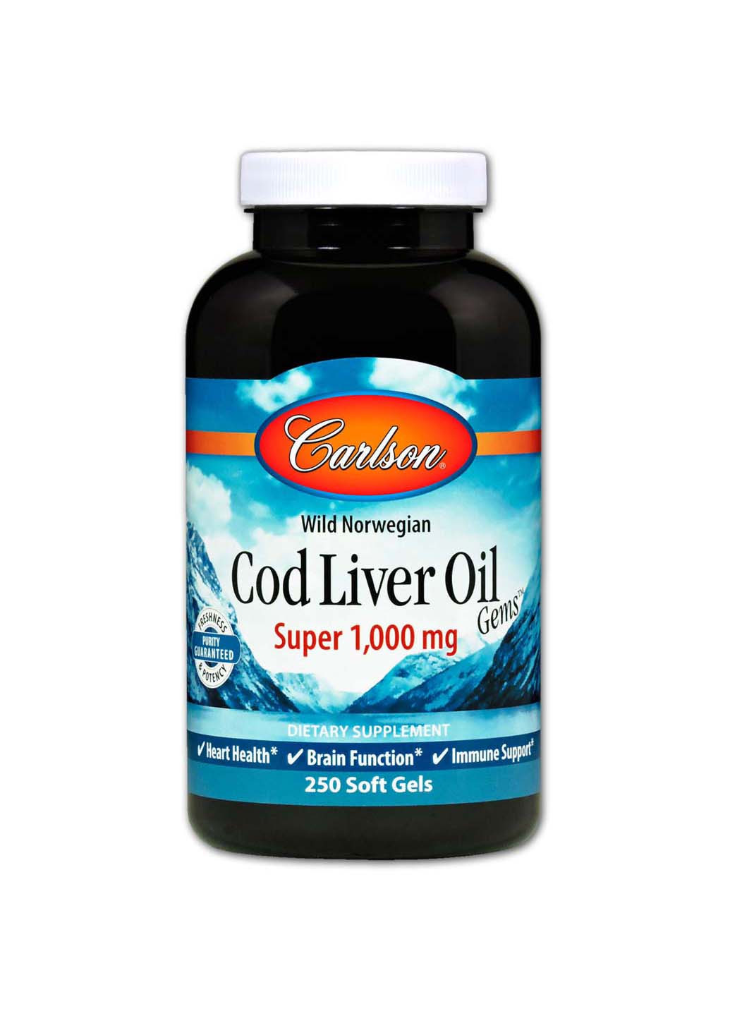 Рыбий жир из печени трески Cod Liver Oil норвежский 1000 мг 250 капсул Carlson Labs (260008331)