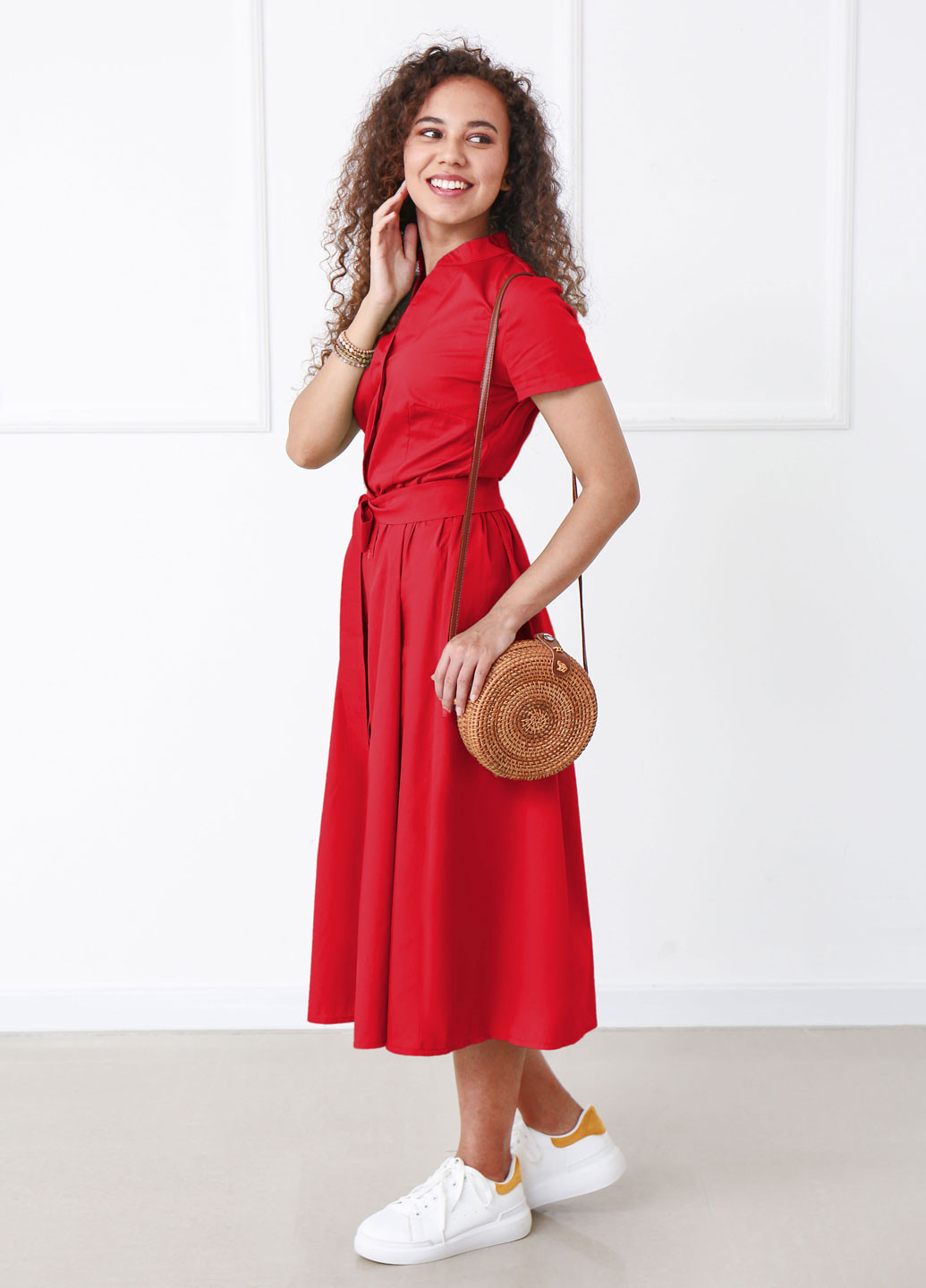 Красное кэжуал длинное коттоновое платье на пуговицах Fashion Girl однотонное