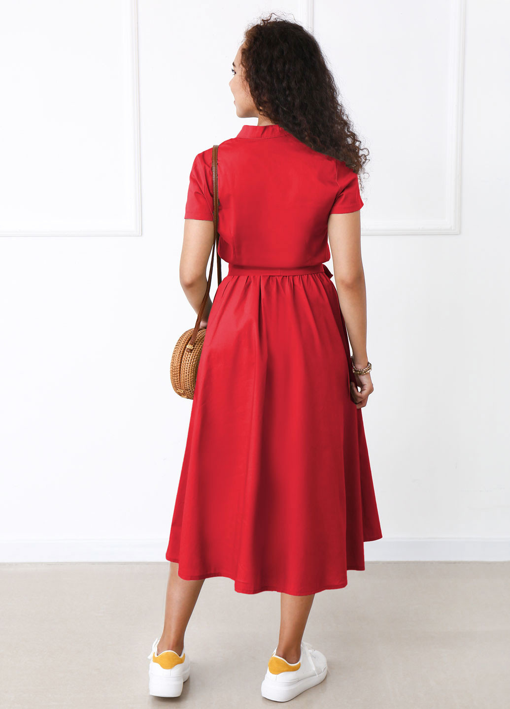Красное кэжуал длинное коттоновое платье на пуговицах Fashion Girl однотонное