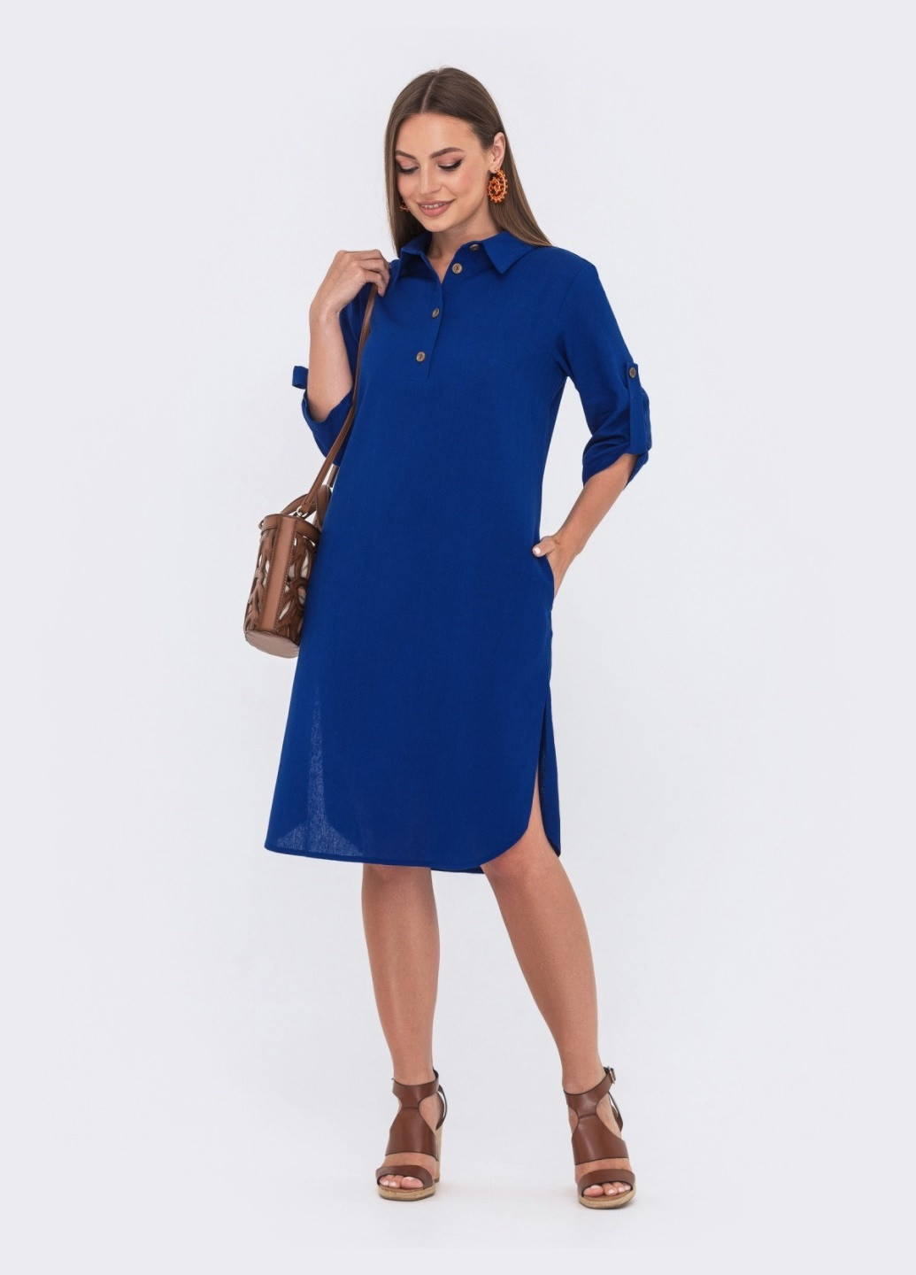Синее льняное платье-рубашка синего цвета Dressa