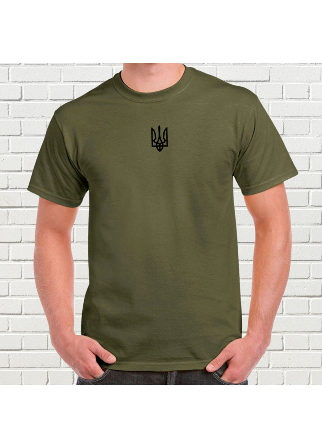 Хакі (оливкова) футболка з вишивкою чорного тризуба чоловіча millytary green s No Brand