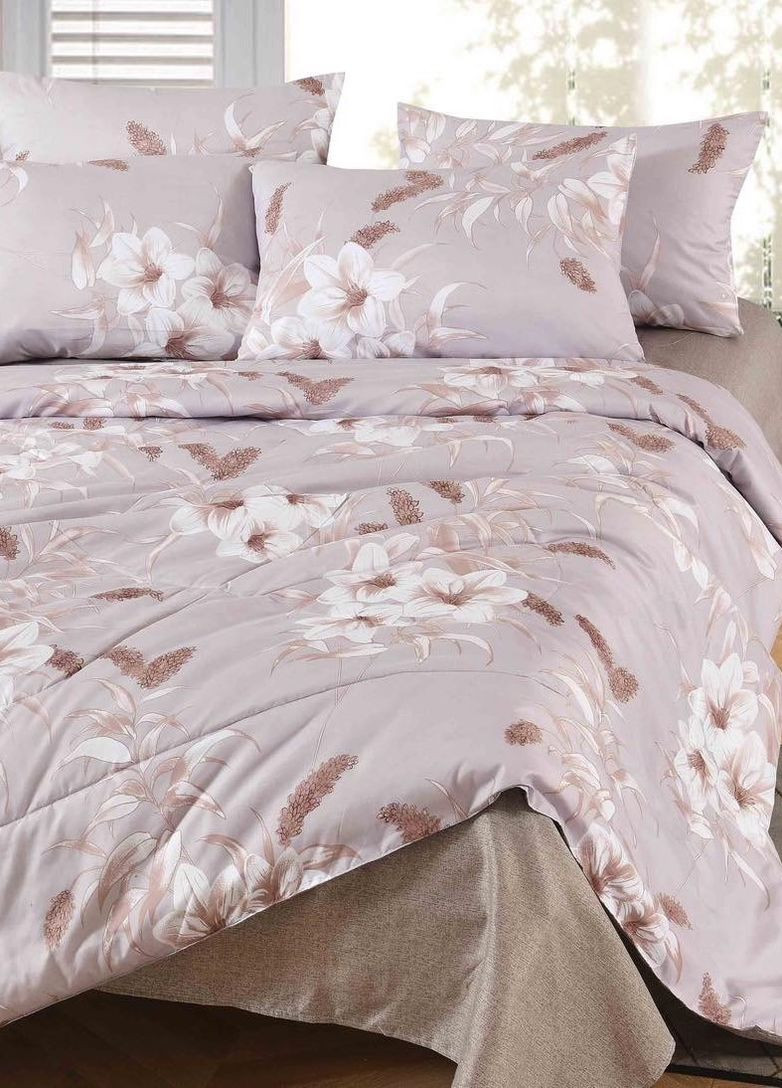 Сатиновый комплект постельного белья с одеялом евро натуральный хлопок 200*230 см с цветами No Brand (260043170)