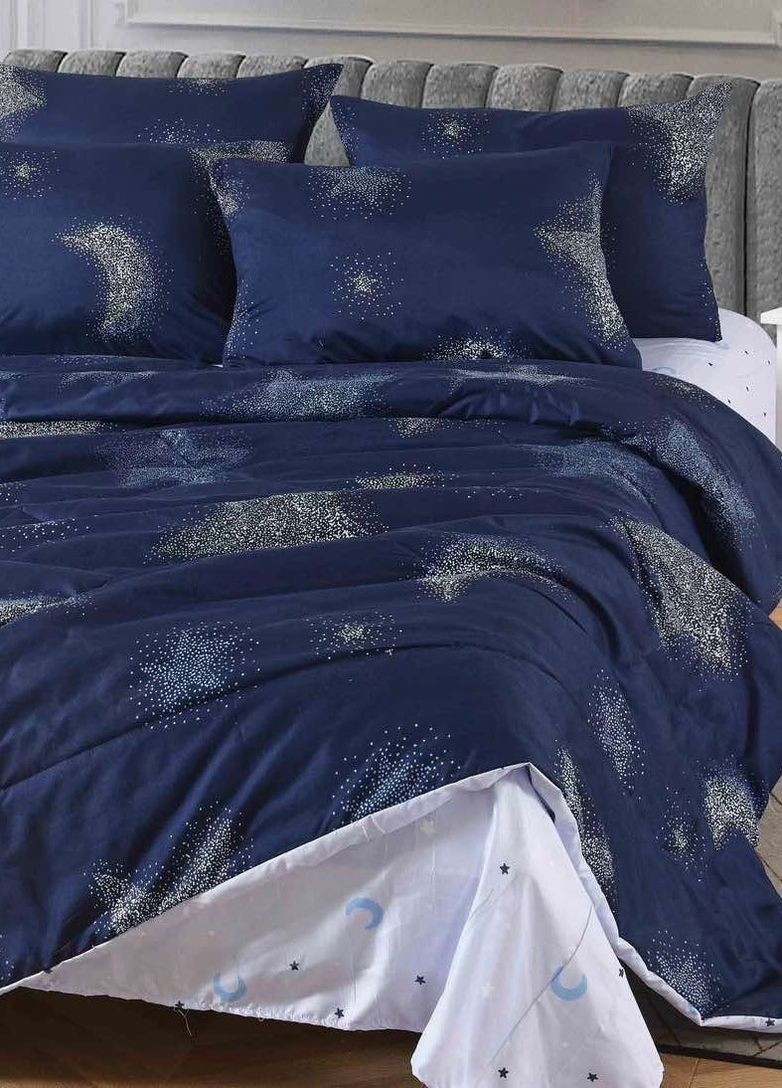 Сатиновый комплект постельного белья с одеялом двуспальный натуральный хлопок 180*220 см темно-синий No Brand (260043158)