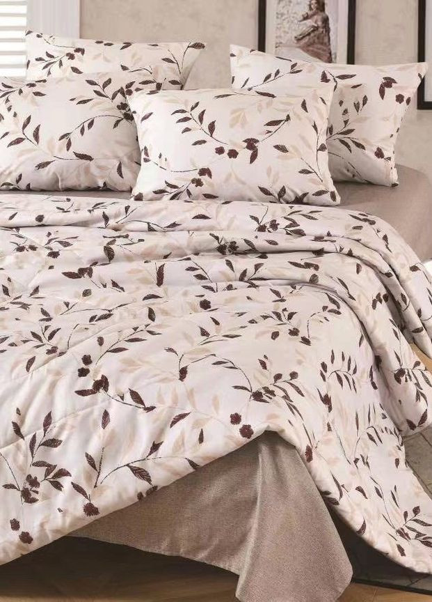 Сатиновый комплект постельного белья с одеялом двуспальный натуральный хлопок 180*220 см бежево-коричневая No Brand (260043156)