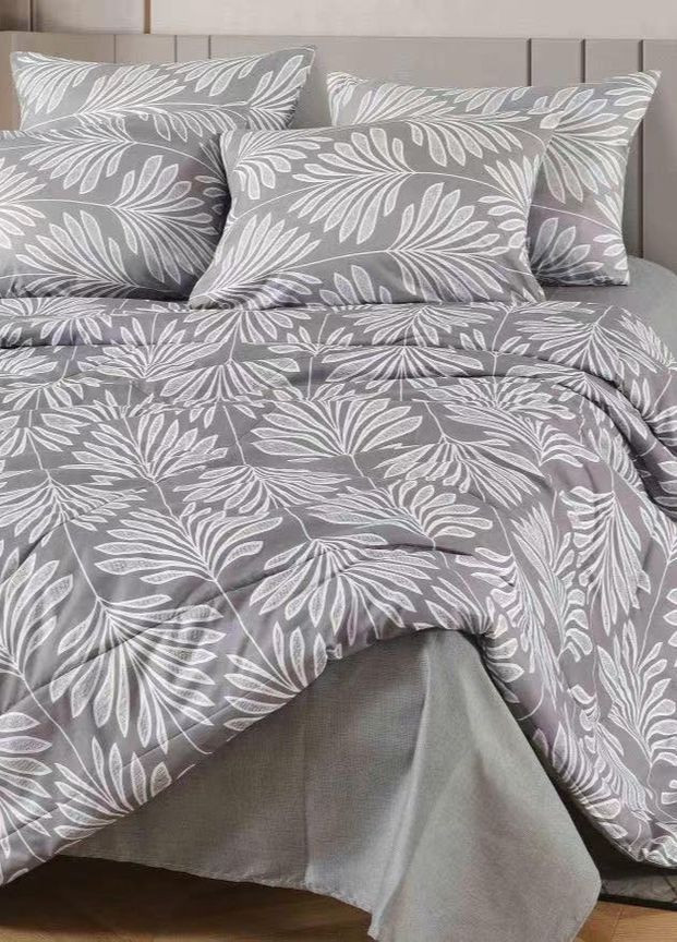 Сатиновый комплект постельного белья с одеялом евро натуральный хлопок 200*230 см серый с рисунком No Brand (260043153)