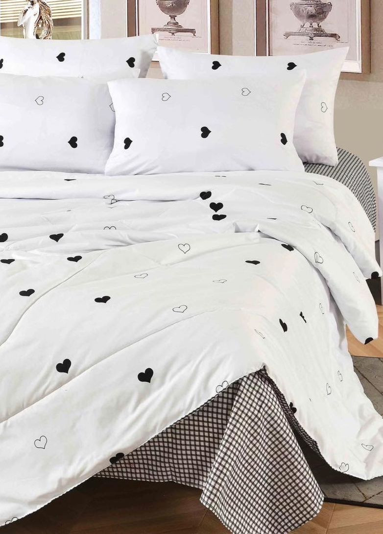 Сатиновый комплект постельного белья с одеялом натуральный хлопок 150*210см белая с сердечками No Brand (260043177)