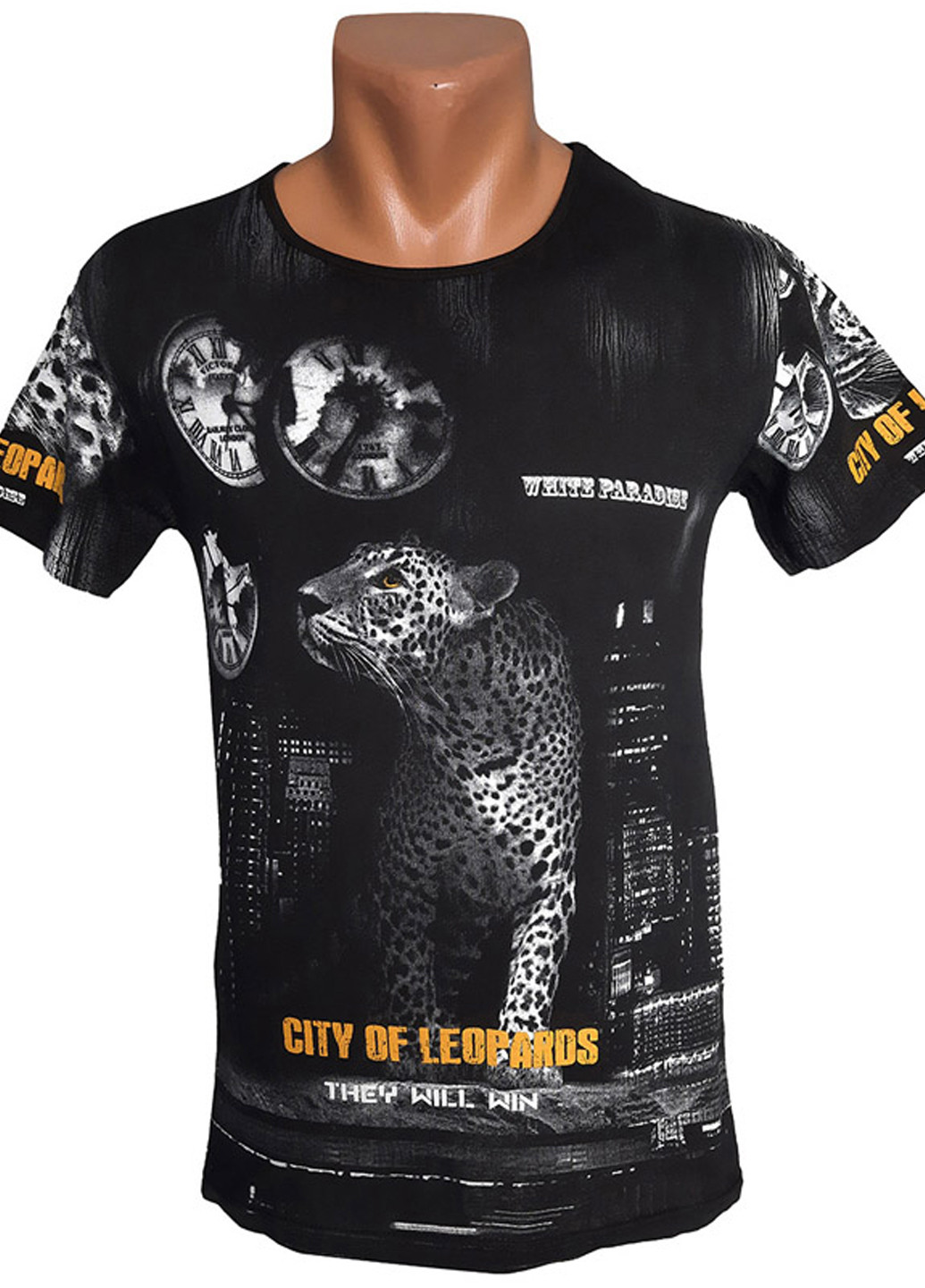 Чорна чоловіча футболка з леопардом з коротким рукавом White Paradise
