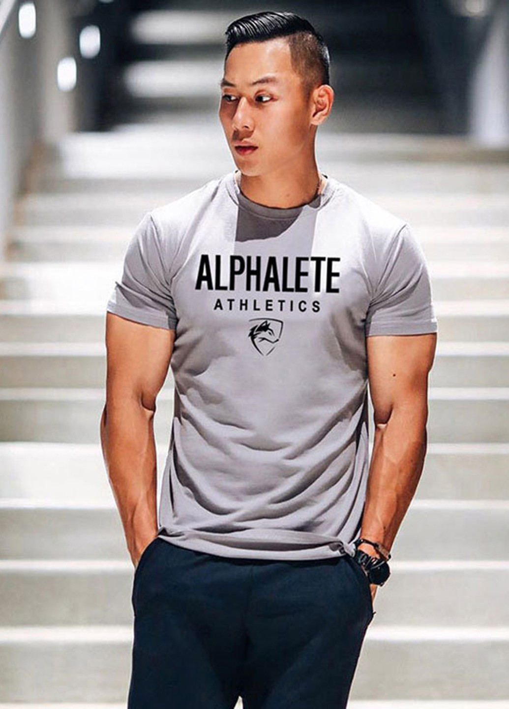 Серая брендовая серая футболка с коротким рукавом Alpha