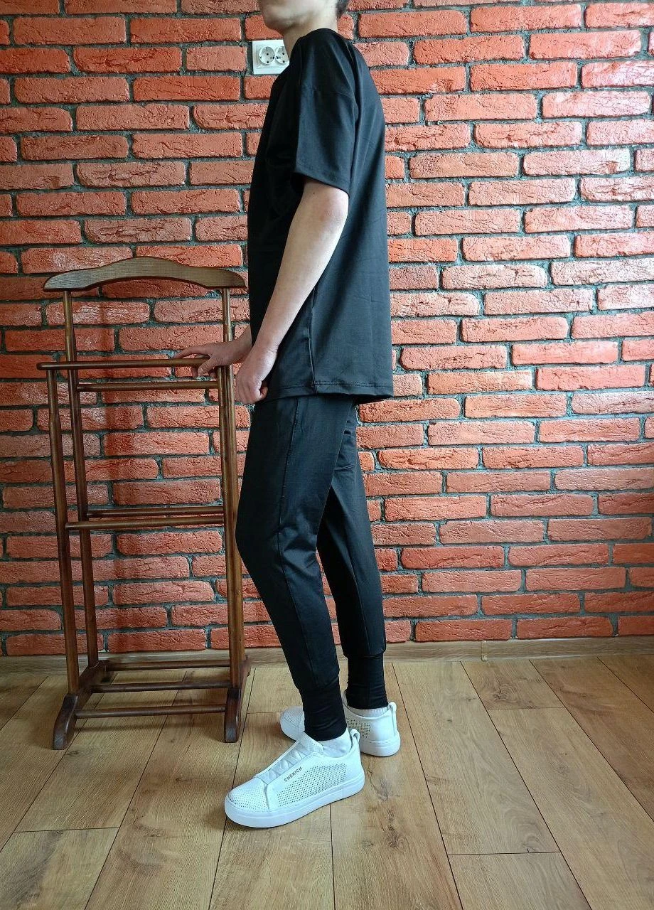 Костюм мужской футболка oversize (оверсайз) +штаны однотонный черный No Brand (260062532)