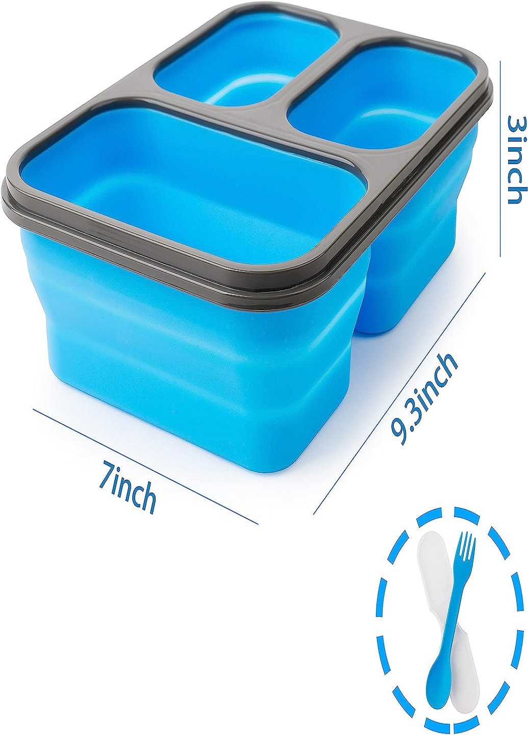 Універсальний складний Ланч Бокс на 3 секції із столовим прибором collapsible silicone lunch box Синій VTech (260088252)
