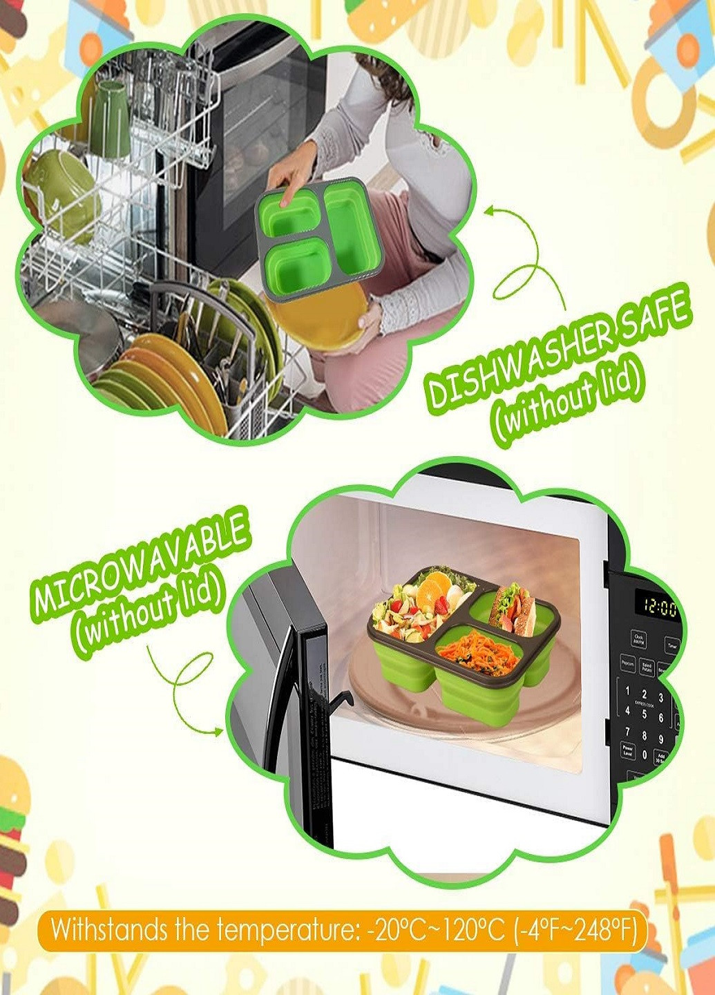 Универсальный складной Ланч Бокс на 3 секции со столовым прибором collapsible silicone lunch box Зеленый VTech (260088254)