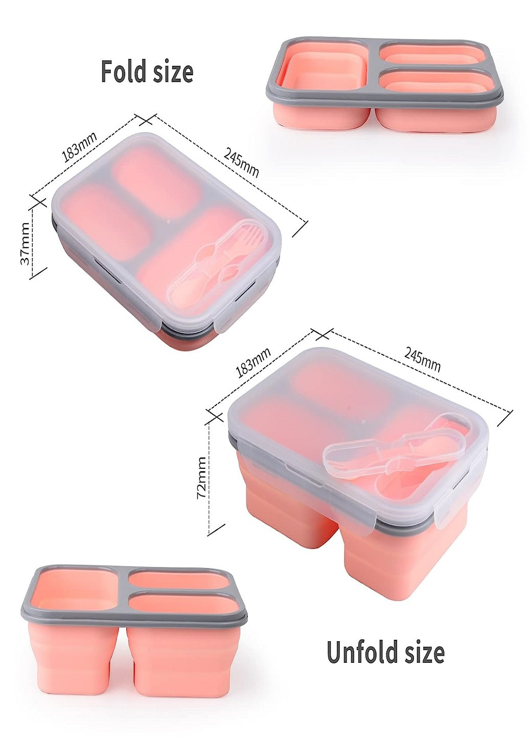 Универсальный складной Ланч Бокс на 3 секции со столовым прибором collapsible silicone lunch box Розовый VTech (260088249)