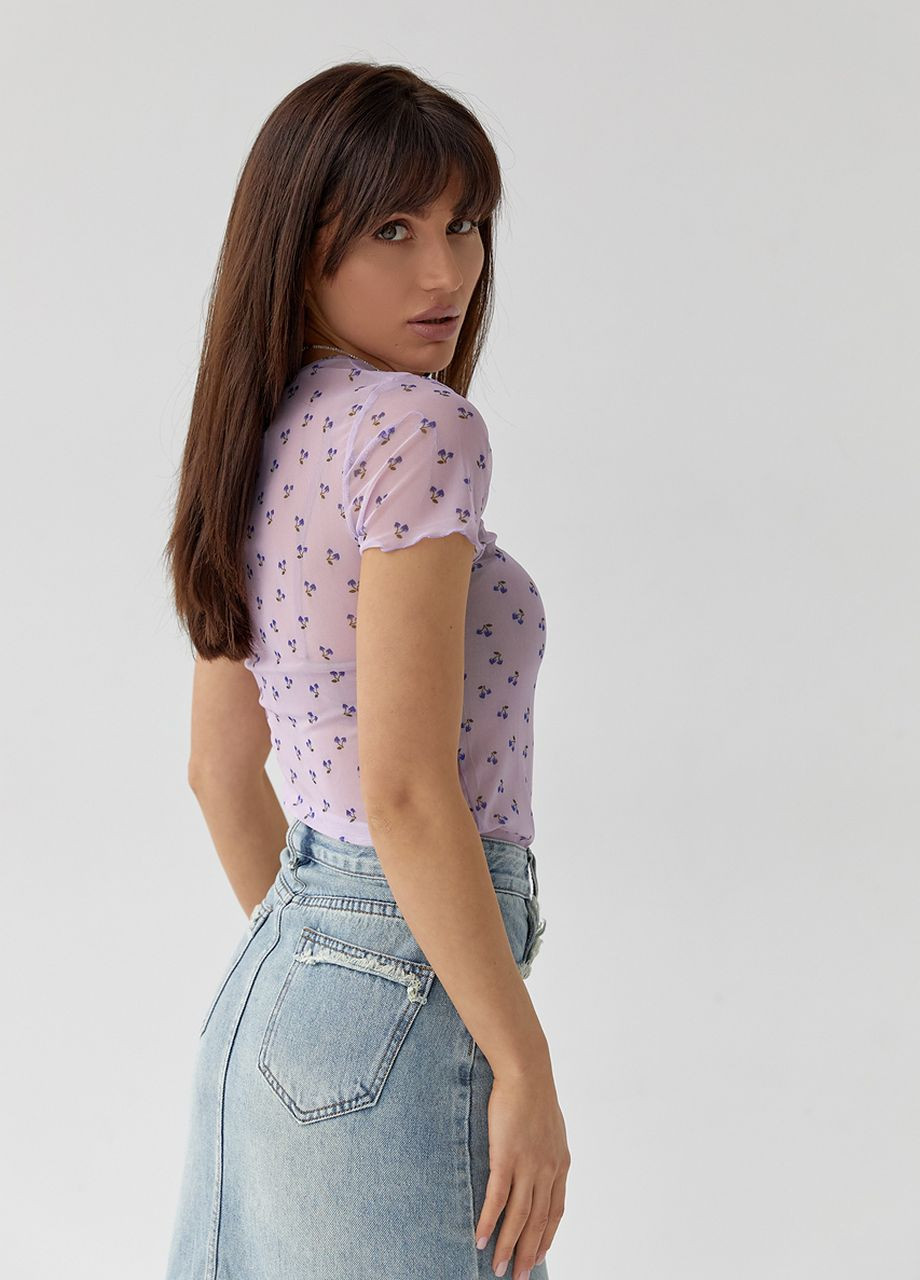 Лавандовая летняя женская футболка из сетки Lurex