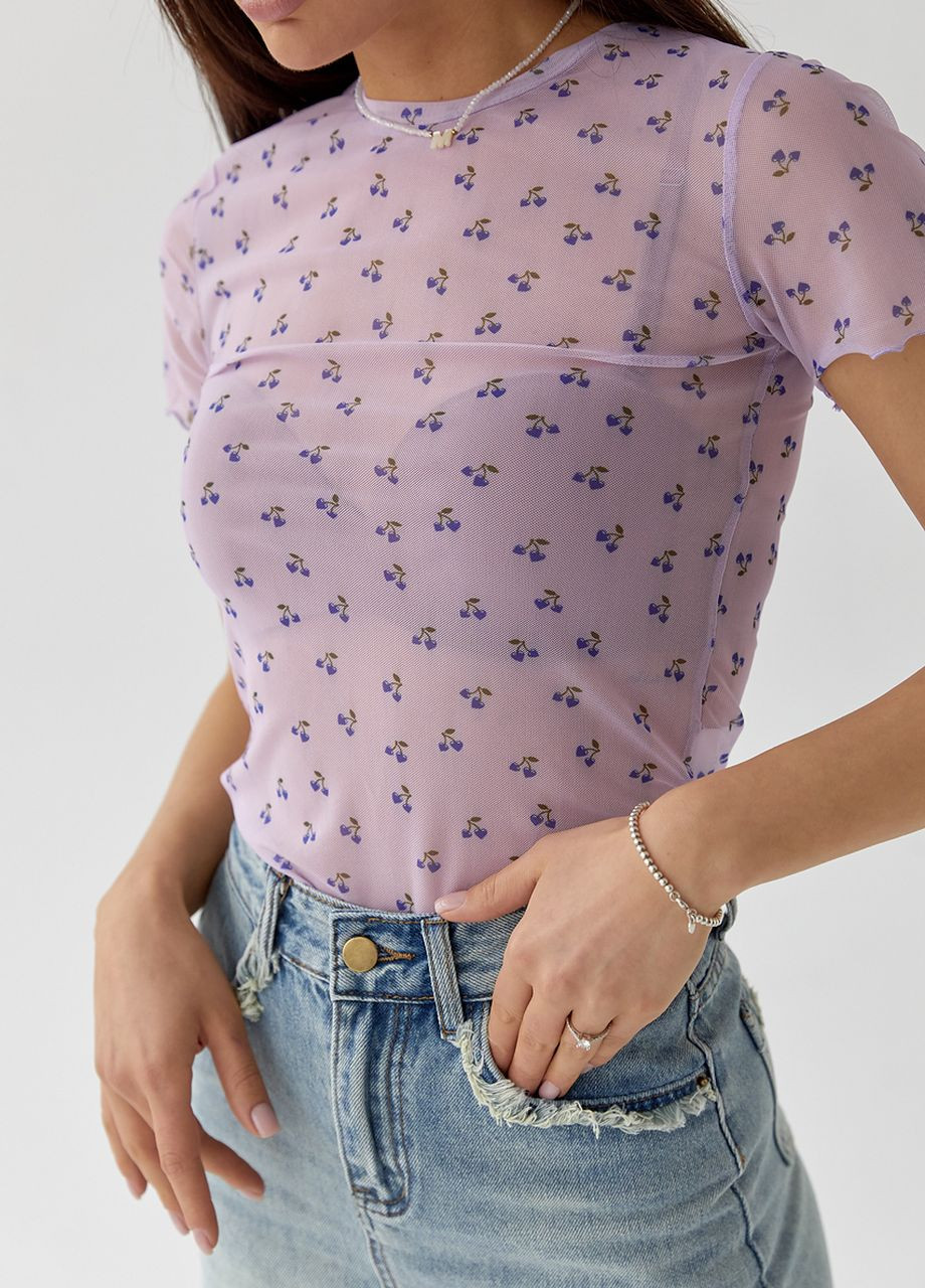 Лавандовая летняя женская футболка из сетки Lurex