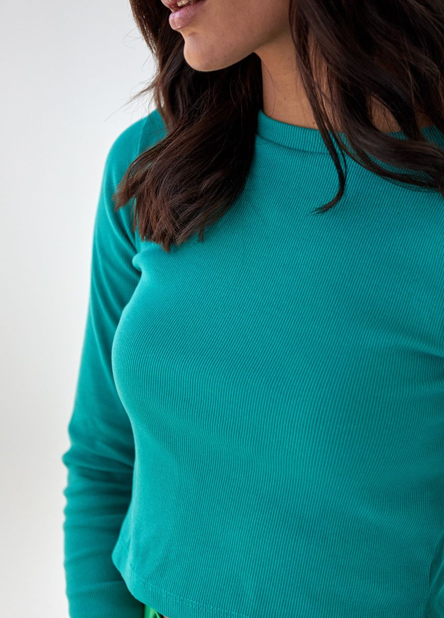 Изумрудный демисезонный трикотажный джемпер в мелкий рубчик молочный Crep