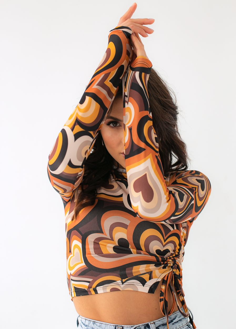Коричневий демісезонний топ асиметричного крою з принтом помаранчевий колір Crep